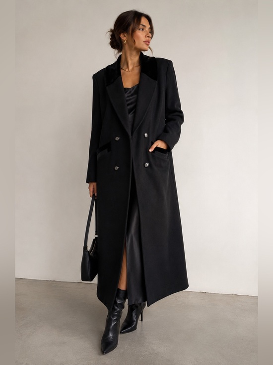 Cathy jo Jackets & Blazers - Vintage Cathy-Jo Black Wool Maxi Coat Velvet Collar Made in USA M/L